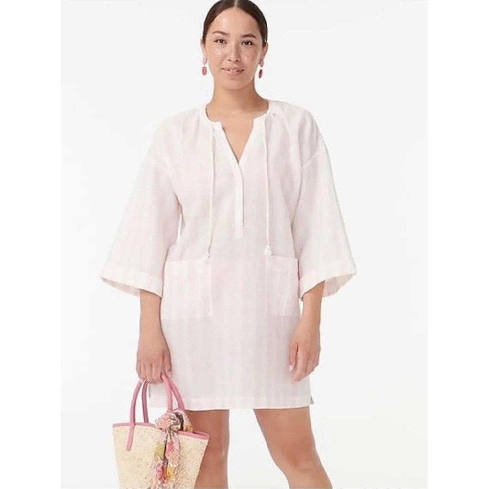 J Crew Pink White Stripe V Neck Beach Tunic Coverup Linen Cotton Womens XS